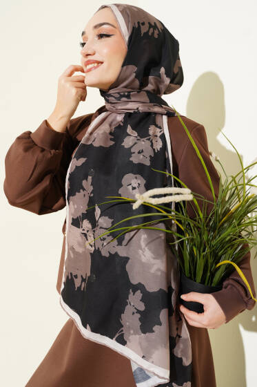 Çiçek Desenli Ribana Şal Siyah Bej - Başörtüsü