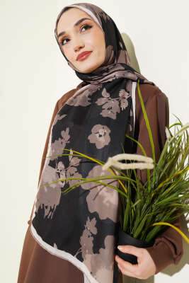Çiçek Desenli Ribana Şal Siyah Bej - Başörtüsü