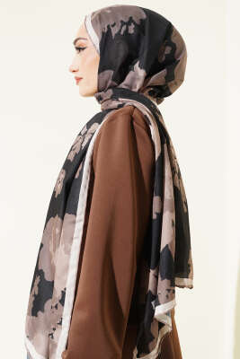 Çiçek Desenli Ribana Şal Siyah Bej - Başörtüsü