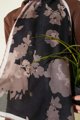 Çiçek Desenli Ribana Şal Siyah Bej - Başörtüsü