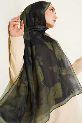 Çiçek Desenli Ribana Şal Zümrüt - Başörtüsü