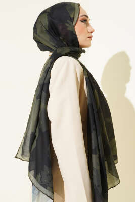 Çiçek Desenli Ribana Şal Zümrüt - Başörtüsü