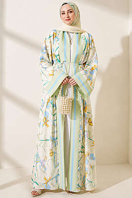 Çiçek Desenli Şal Detaylı Kimono Çağla Yeşili - Kimono