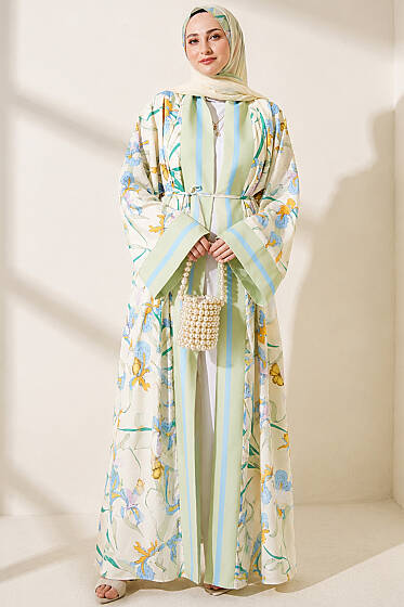 Çiçek Desenli Şal Detaylı Kimono Çağla Yeşili - Kimono