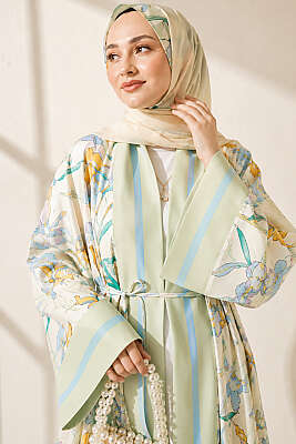 Çiçek Desenli Şal Detaylı Kimono Çağla Yeşili - Kimono