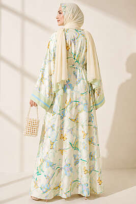 Çiçek Desenli Şal Detaylı Kimono Çağla Yeşili - Kimono
