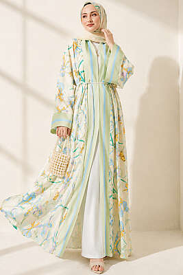 Çiçek Desenli Şal Detaylı Kimono Çağla Yeşili - Kimono