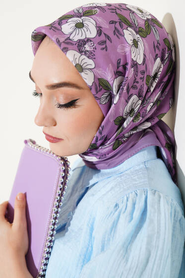 Çiçek Desenli Şeritli Eşarp Lila - Başörtüsü