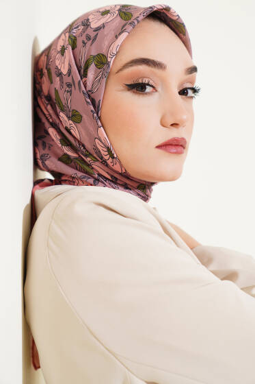 Çiçek Desenli Şeritli Eşarp Somon - Başörtüsü