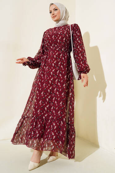 Çiçek Desenli Şifon Elbise Bordo - Elbise