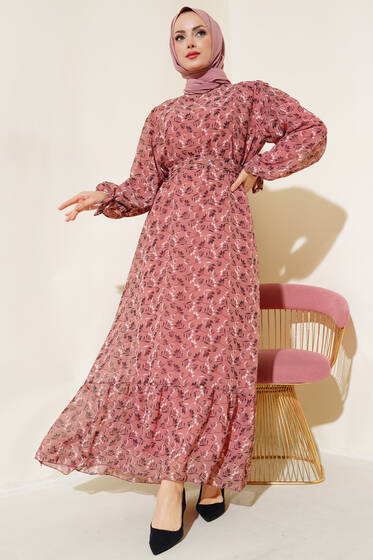 Çiçek Desenli Şifon Elbise Gül Kurusu - Elbise