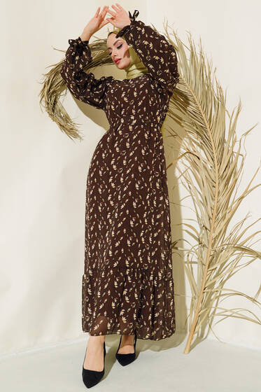 Çiçek Desenli Şifon Elbise Kahve - Elbise