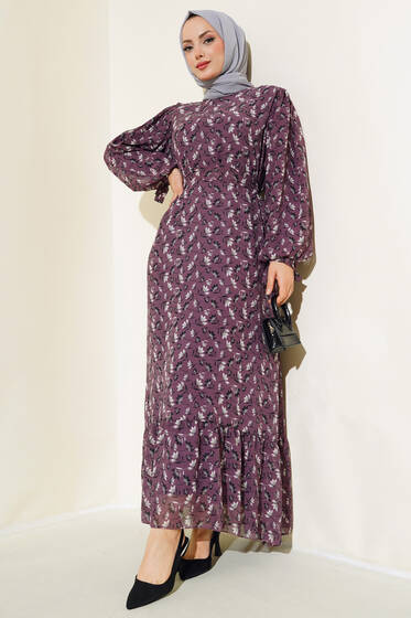 Çiçek Desenli Şifon Elbise Siyah Magenta - Elbise