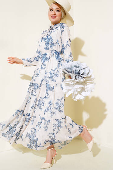 Çiçek Desenli Şifon Kat Elbise Bej - Elbise