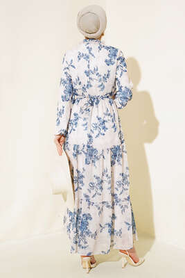 Çiçek Desenli Şifon Kat Elbise Bej - Tesettür Elbise