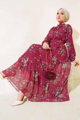 Çiçek Desenli Şifon Kat Elbise Bordo - MUSTİ