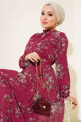 Çiçek Desenli Şifon Kat Elbise Bordo - Tesettür Elbise