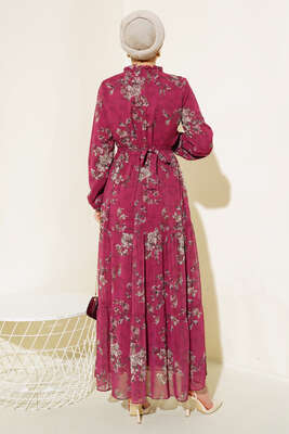 Çiçek Desenli Şifon Kat Elbise Bordo - Tesettür Elbise