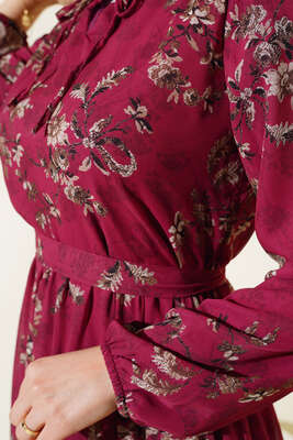 Çiçek Desenli Şifon Kat Elbise Bordo - Tesettür Elbise