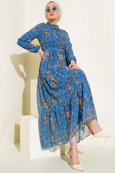 Çiçek Desenli Şifon Kat Elbise İndigo - Elbise