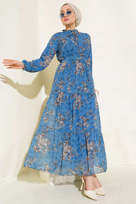 Çiçek Desenli Şifon Kat Elbise İndigo - Tesettür Elbise