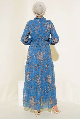 Çiçek Desenli Şifon Kat Elbise İndigo - Tesettür Elbise