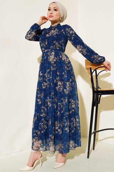 Çiçek Desenli Şifon Kat Elbise Lacivert - Elbise