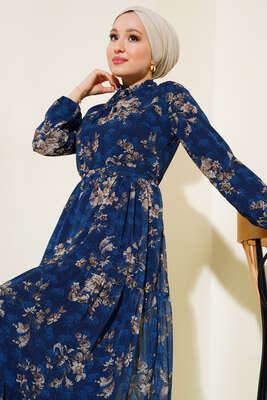 Çiçek Desenli Şifon Kat Elbise Lacivert - Tesettür Elbise