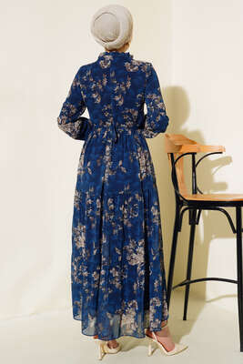 Çiçek Desenli Şifon Kat Elbise Lacivert - Tesettür Elbise