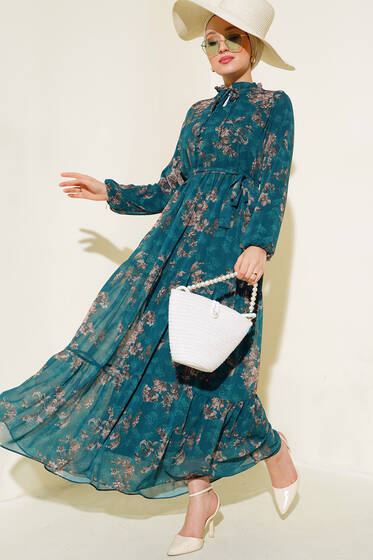 Çiçek Desenli Şifon Kat Elbise Zümrüt Yeşil - Tesettür Elbise