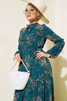 Çiçek Desenli Şifon Kat Elbise Zümrüt Yeşil - Tesettür Elbise