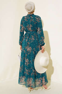 Çiçek Desenli Şifon Kat Elbise Zümrüt Yeşil - Tesettür Elbise