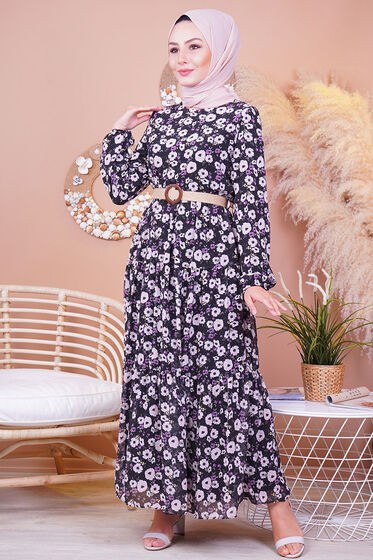 Çiçek Desenli Şifon Siyah Tesettür Elbise - Tesettür Elbise