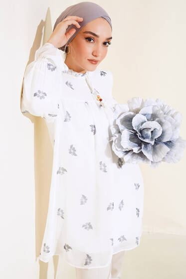 Çiçek Desenli Şifon Tunik Füme - Tunik