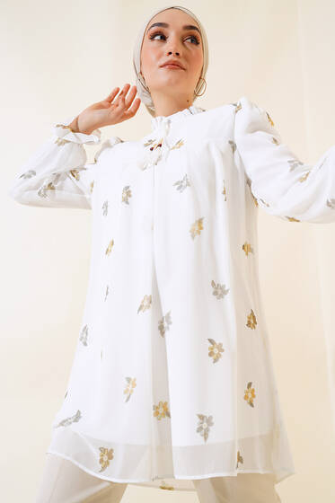 Çiçek Desenli Şifon Tunik Hardal - Tunik