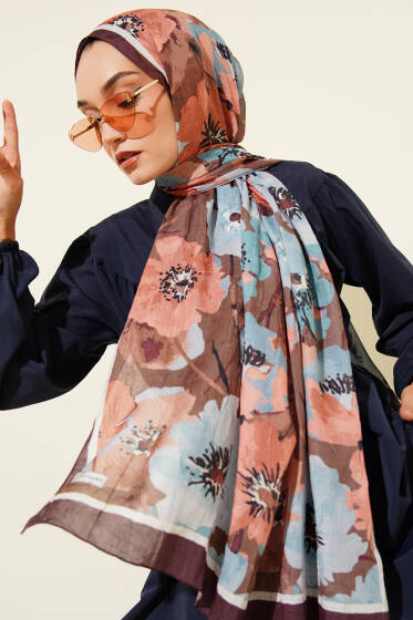 Çiçek Desenli Soft Bambu Kraş Şal Acı Kahve - Başörtüsü