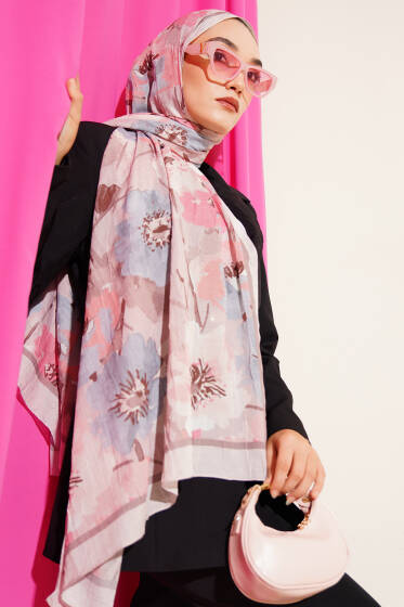 Çiçek Desenli Soft Bambu Kraş Şal Bej - Başörtüsü