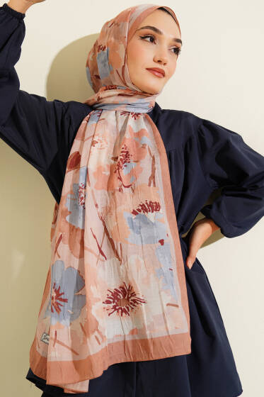 Çiçek Desenli Soft Bambu Kraş Şal Camel - Başörtüsü
