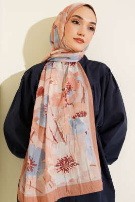 Çiçek Desenli Soft Bambu Kraş Şal Camel - Başörtüsü