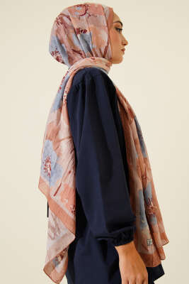 Çiçek Desenli Soft Bambu Kraş Şal Camel - Başörtüsü