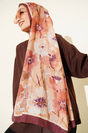 Çiçek Desenli Soft Bambu Kraş Şal Kahve - Başörtüsü