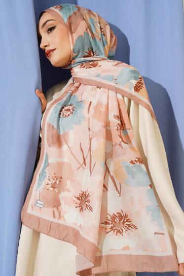 Çiçek Desenli Soft Bambu Kraş Şal Latte - Başörtüsü