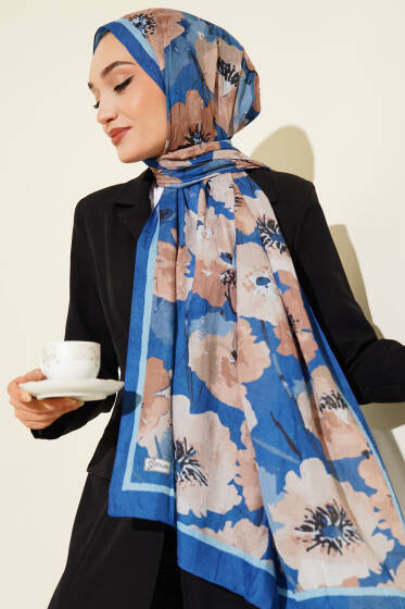 Çiçek Desenli Soft Bambu Kraş Şal Saks - Başörtüsü