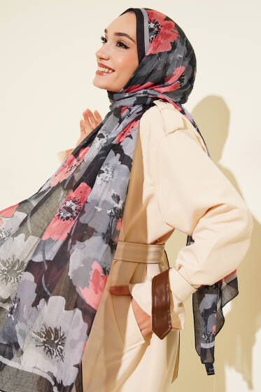 Çiçek Desenli Soft Bambu Kraş Şal Siyah - Başörtüsü