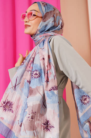 Çiçek Desenli Soft Bambu Kraş Şal Soft Mavi - Başörtüsü