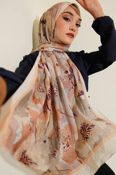 Çiçek Desenli Soft Bambu Kraş Şal Taş - Başörtüsü