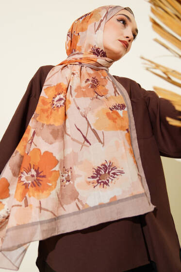Çiçek Desenli Soft Bambu Kraş Şal Vizon - Başörtüsü