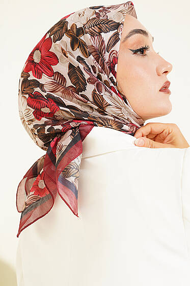 Çiçek Desenli Soft Eşarp Bordo - Başörtüsü