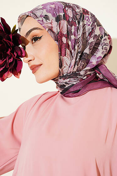 Çiçek Desenli Soft Eşarp Magenta - Başörtüsü