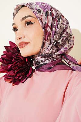 Çiçek Desenli Soft Eşarp Magenta - Başörtüsü